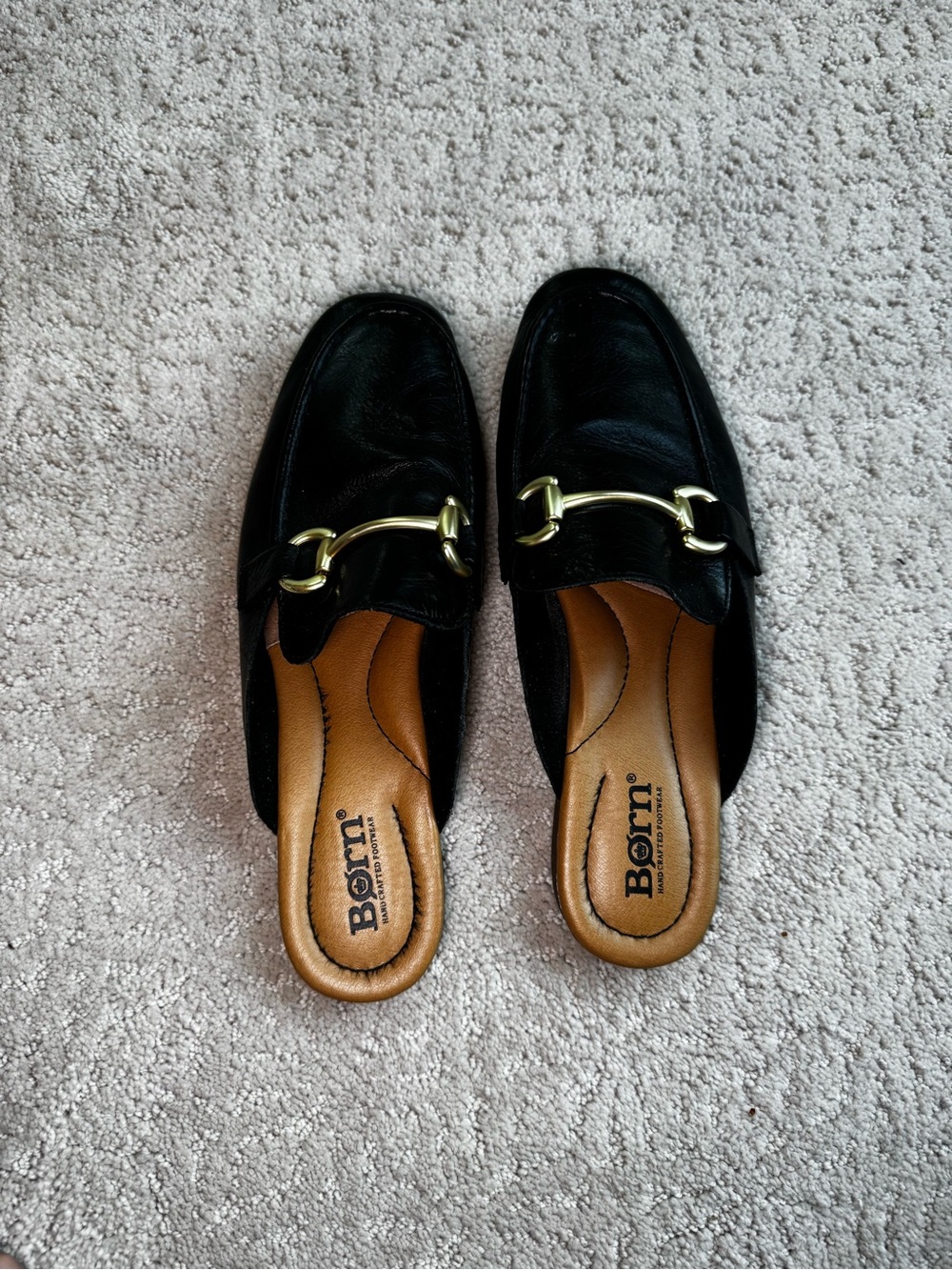 Born Black Leather Backless Loafers with Gold Horsebit - Picture 2 of 7